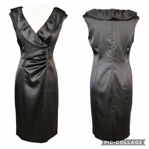 Jones New York Black Satin Wrap Ruffle Neck Dress Women’s Size 6 Knee Length
